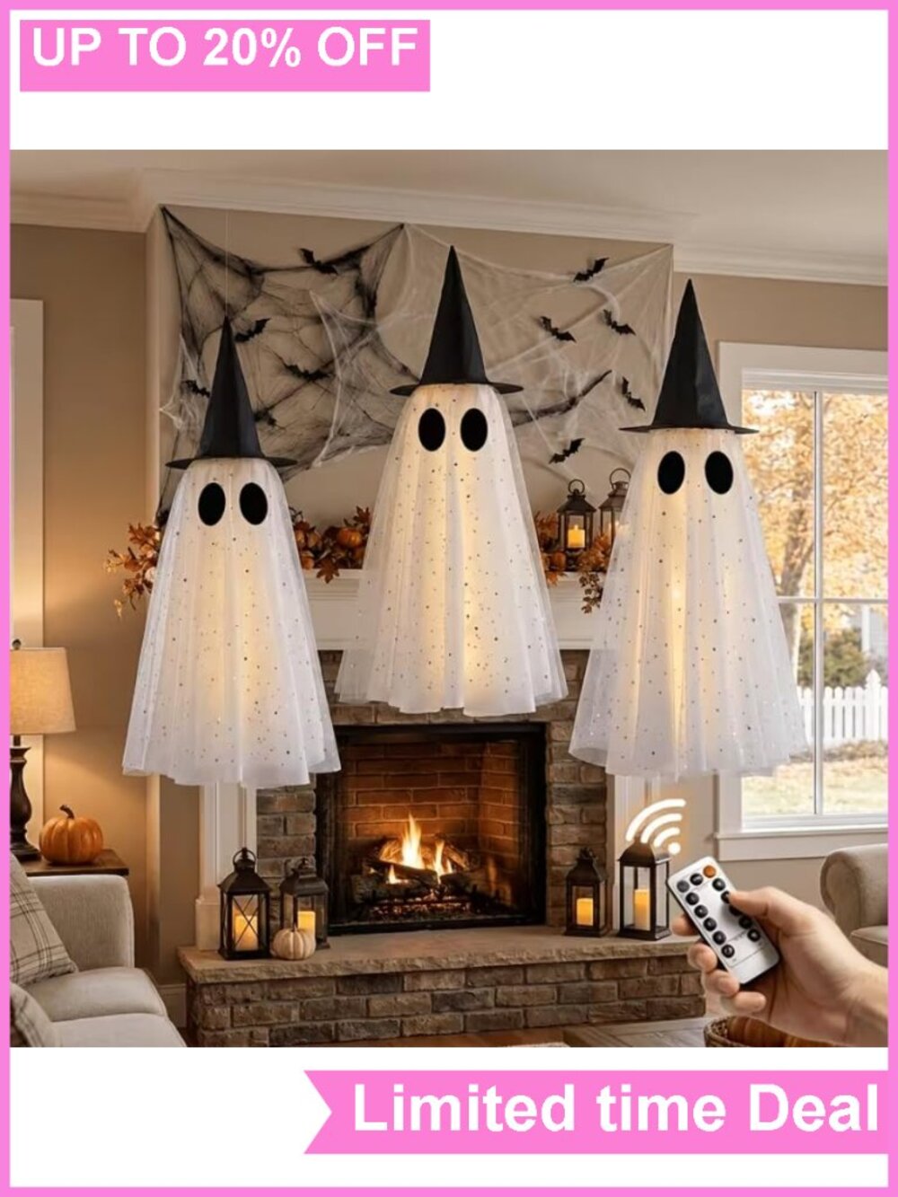 Halloween Hanging Ghost Lights Set Remote Timer LED Outdoor Decor